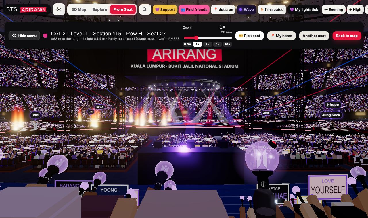 Lower-tier seat view with lightsticks and fan banners