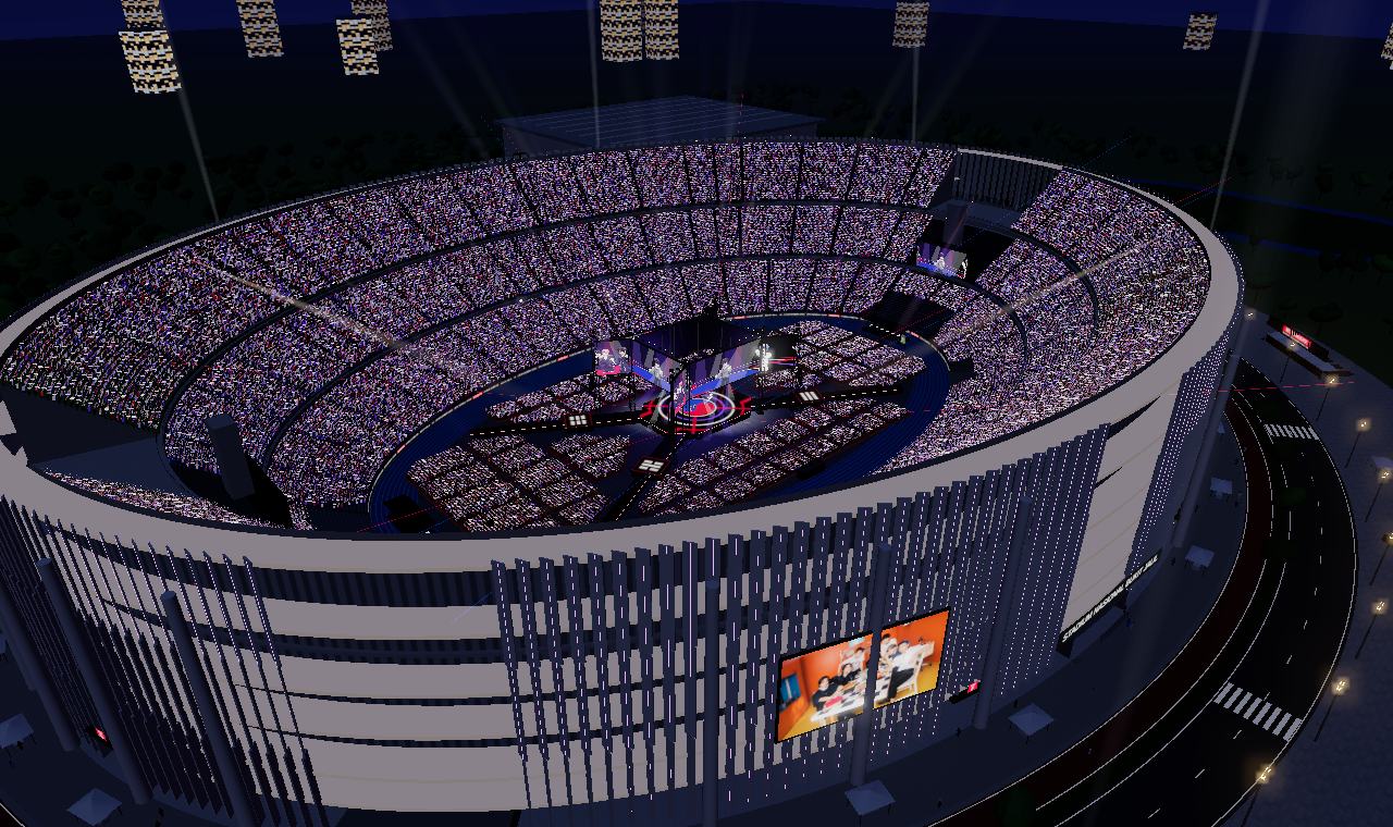 The 3D Bukit Jalil stadium at night, every seat glowing with ARMY Bombs